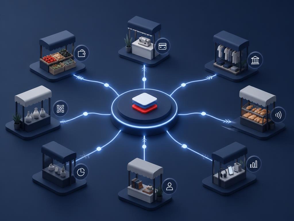 Abstract marketplace payments platform with vendor stalls connected to a central payment hub