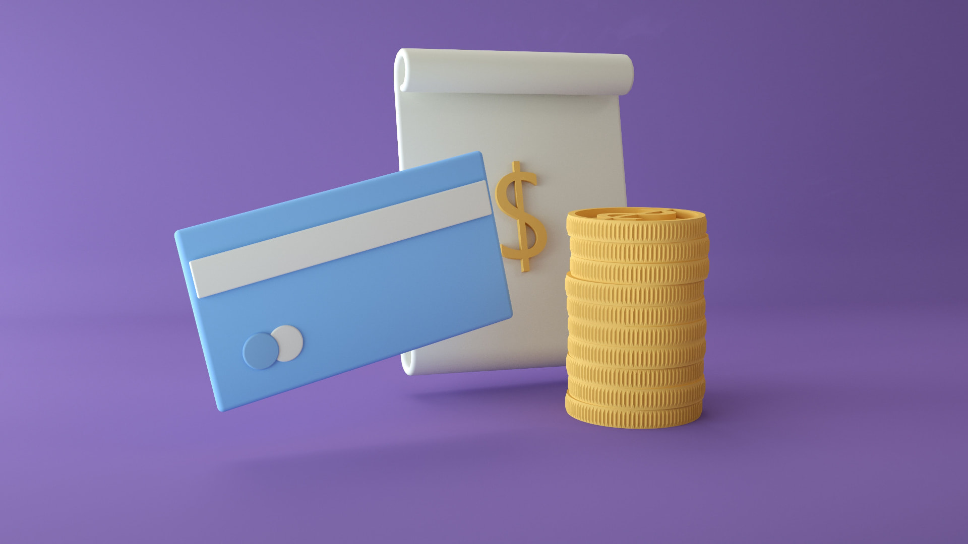 3D illustration of a payment card, statement and stack of coins